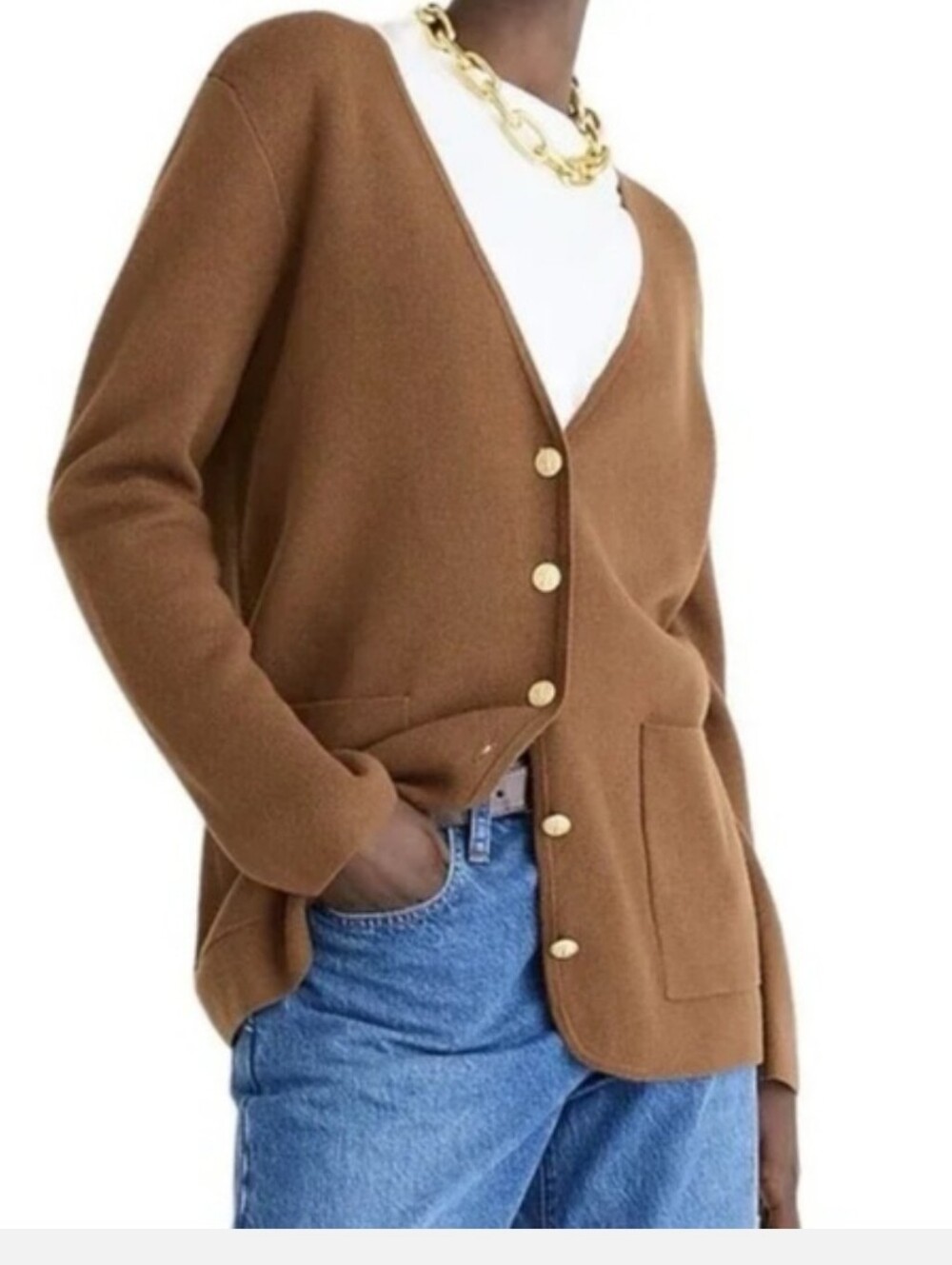 J. Crew Brown V-Neck Gold-Button Sweater Blazer Cardigan, Size M
